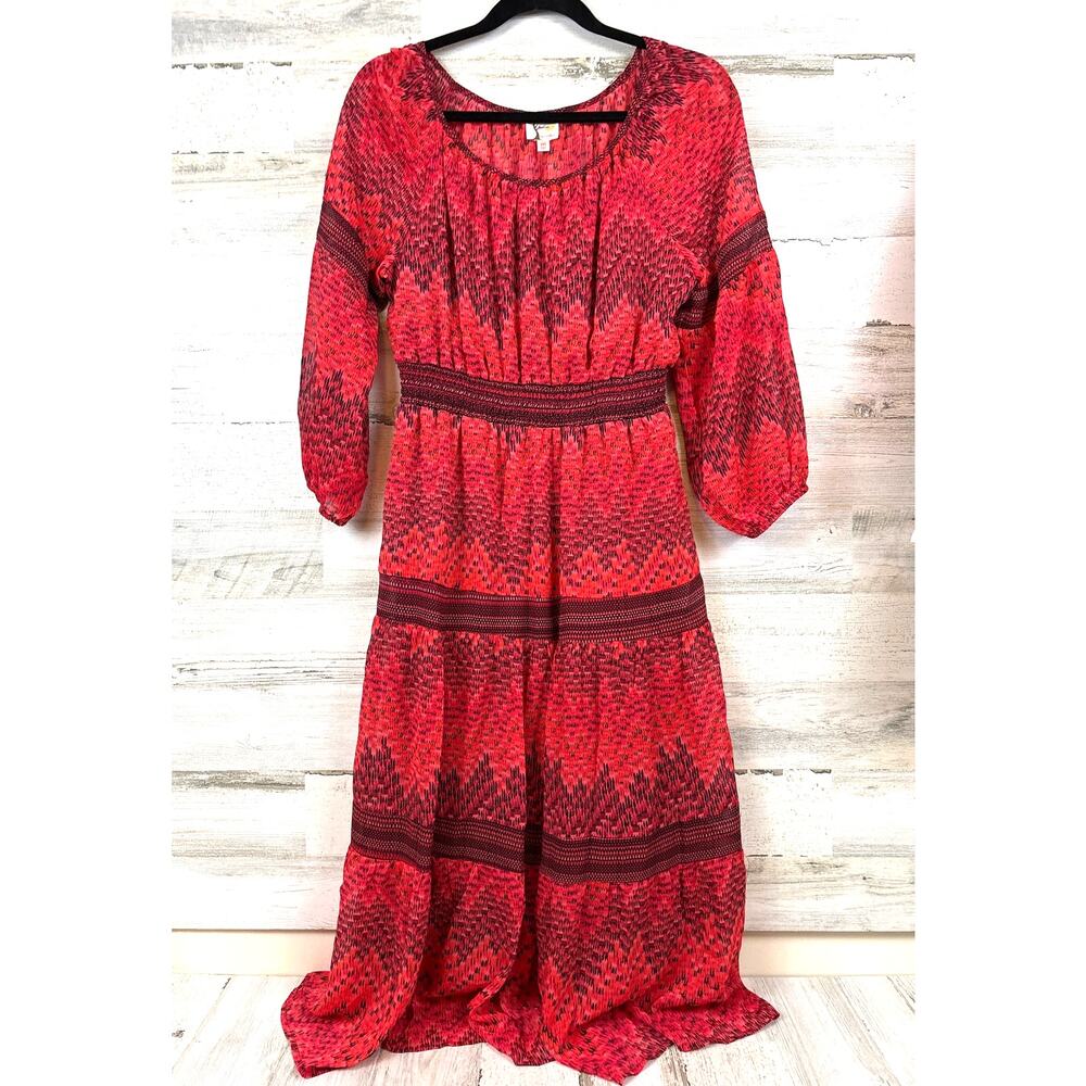 Fig & Flower Pink Red Chiffon Midi Dress Smocked Waist Womens M Lightweight